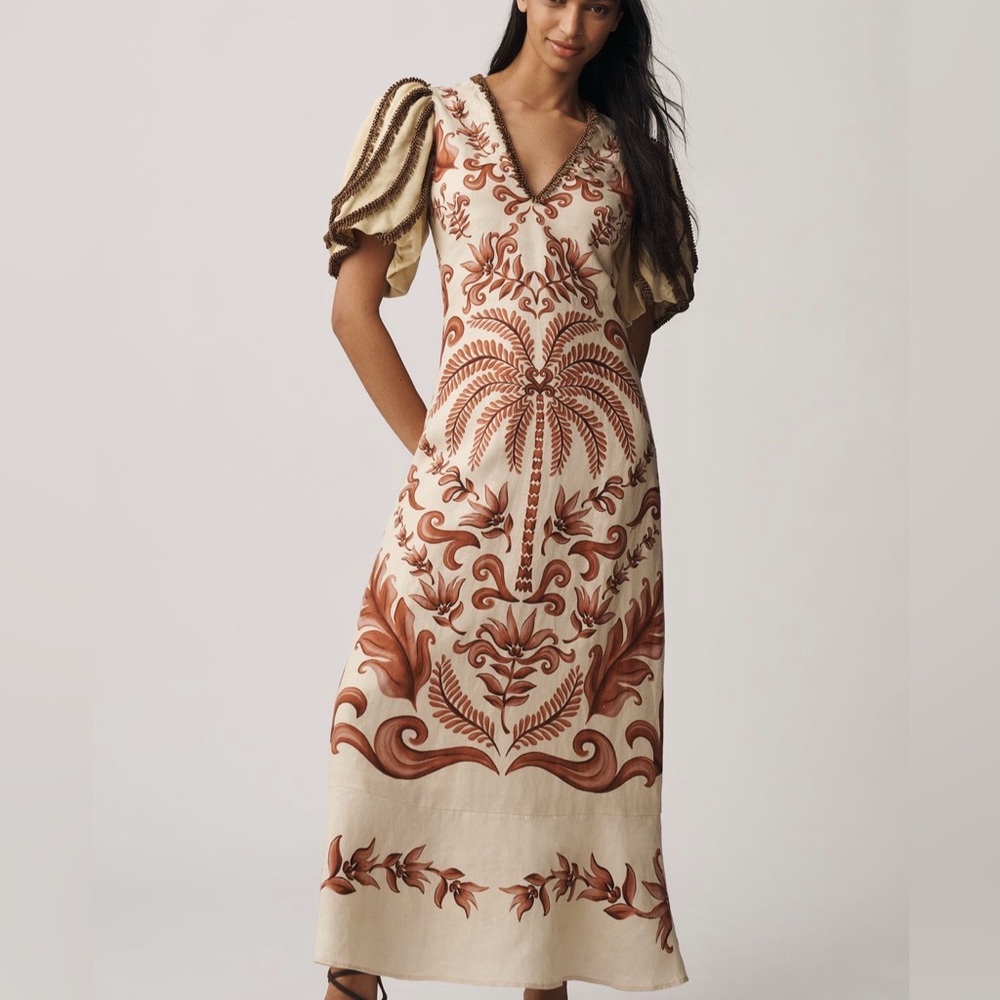 New FARM Rio V-Neck Linen Puff Sleeve Maxi Dress